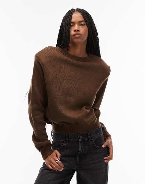 ASOS DESIGN knitted crew neck sweater with shoulder pads in brown - view 1