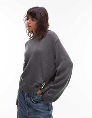 Asos Design Knitted Crew Neck Sweater With Silver Metal Detail In Gray
