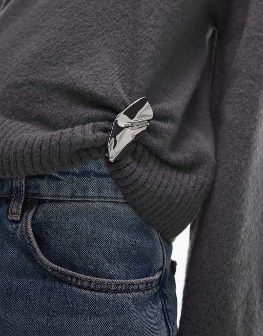 ASOS DESIGN knitted crew neck sweater with silver metal detail in charcoal, 4 of 4