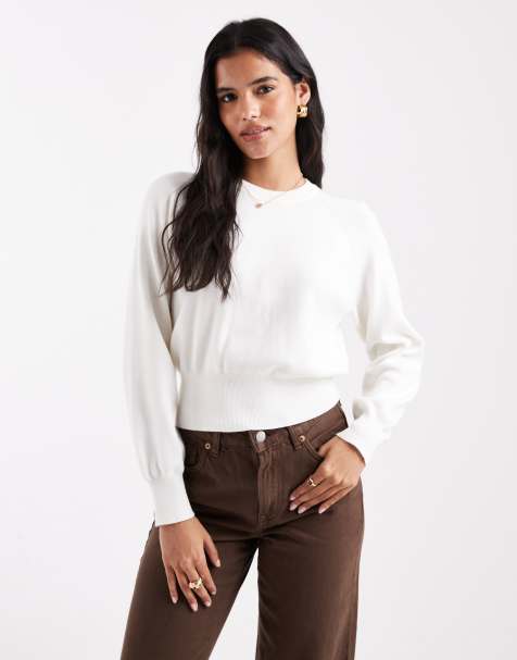 ASOS DESIGN knitted crew neck sweater with waisted detail in cream - view 1