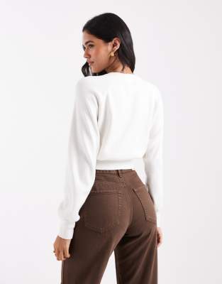 Asos Design Knitted Crew Neck Sweater With Waisted Detail In White