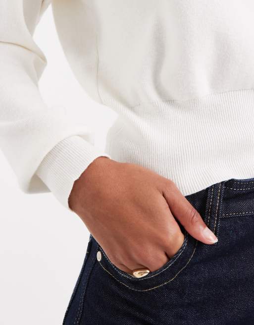 ASOS DESIGN knitted crew neck sweater with waisted detail in cream