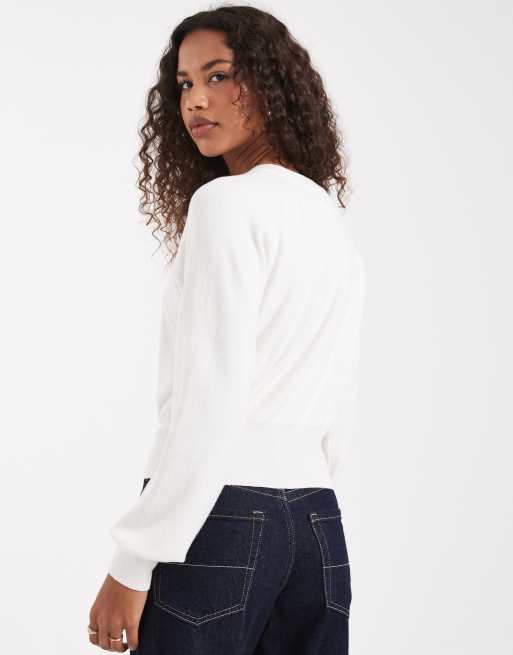 ASOS DESIGN knitted crew neck sweater with waisted detail in cream