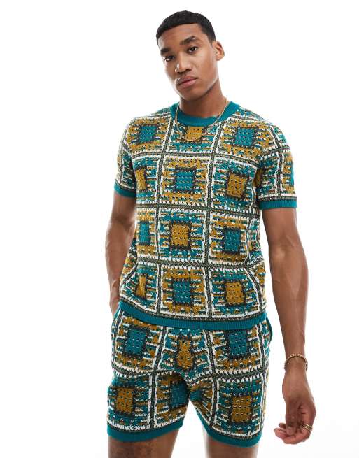 ASOS DESIGN knitted crew neck t-shirt in blue patchwork design (part of a set)