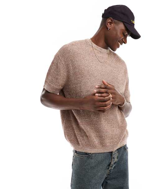 ASOS DESIGN knitted crew neck t-shirt in brown twisted rib - view 1