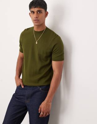Asos Design Knitted Crew Neck T-shirt In Green