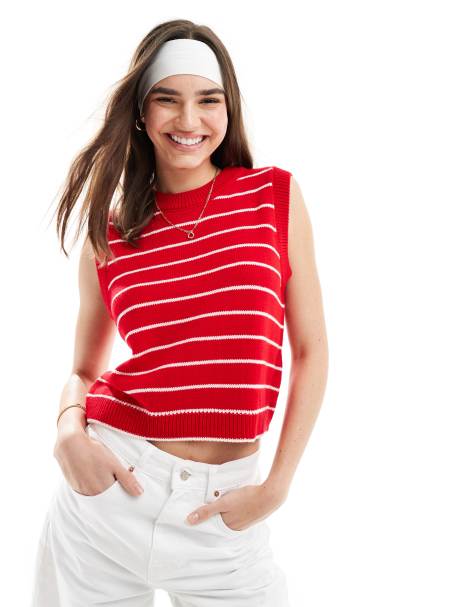 ASOS DESIGN knitted crew neck tank in red stripe - view 1