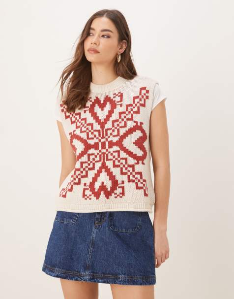 ASOS DESIGN knitted crew neck tank with folk print and fringe detail in cream - view 1