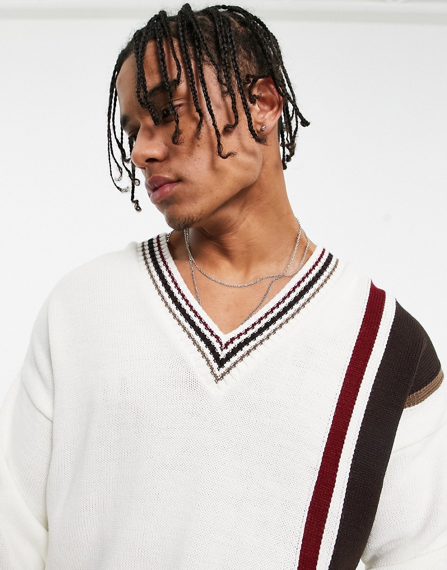 ASOS DESIGN knitted cricket jumper in off white