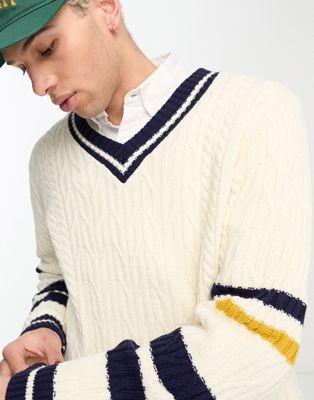 ASOS DESIGN knitted cricket jumper with multi stripe in beige