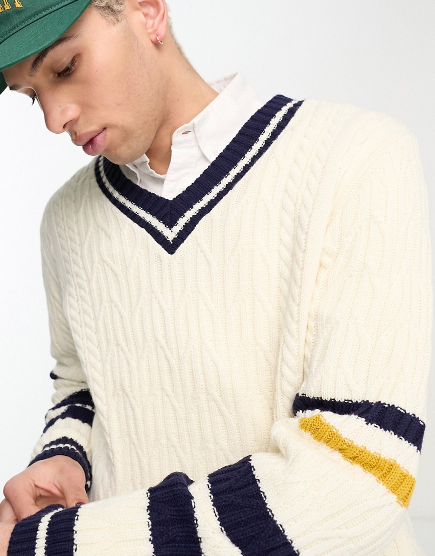 ASOS DESIGN knitted cricket sweater with multi stripe in beige-Neutral
