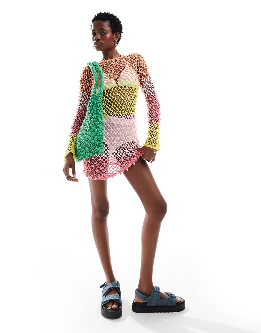 ASOS DESIGN knitted crochet beaded mini dress in stripe-Multi