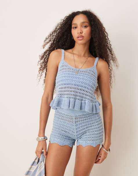 ASOS DESIGN knitted crochet cami top in blue (Part of a set) - view 1