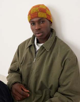 Asos Design Knitted Crochet Checkerboard Skull Beanie In Yellow