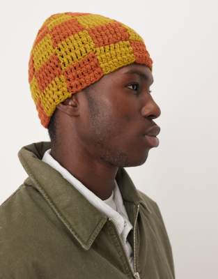Asos Design Knitted Crochet Checkerboard Skull Beanie In Yellow