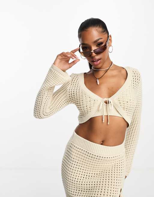 Cream Crochet Long Sleeve Top, Knitwear