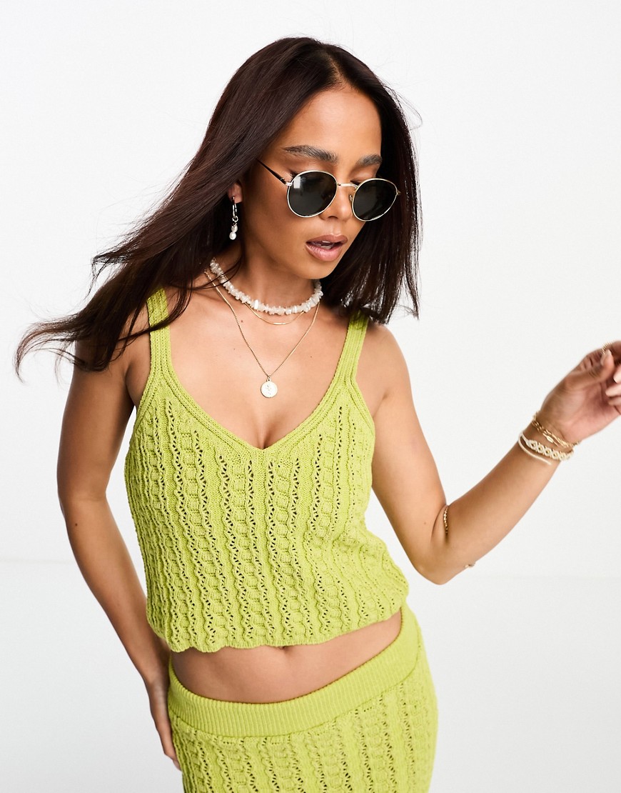 ASOS DESIGN knitted crochet crop top in green co-ord