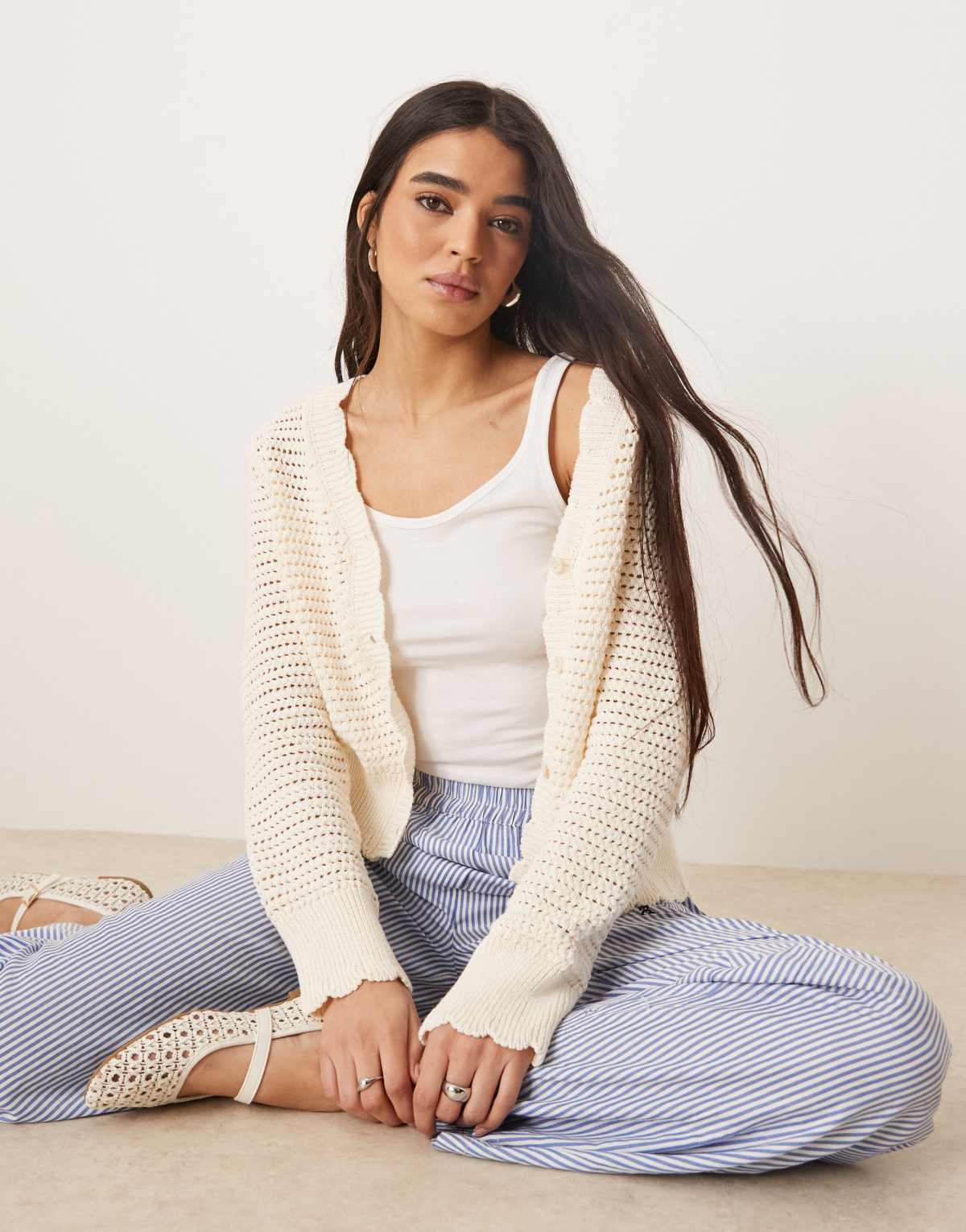 ASOS DESIGN knitted crochet look cardigan with scalloped edge in ecru
