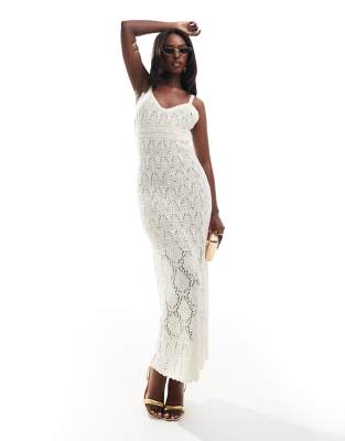 ASOS DESIGN knitted crochet midaxi dress with metallic yarn in cream - view 1