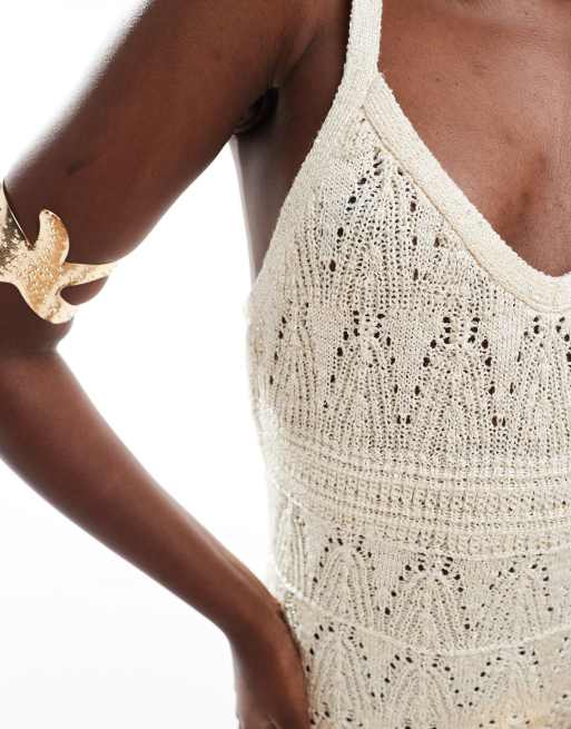 ASOS DESIGN knitted crochet midaxi dress with metallic yarn in cream, 2 of 4