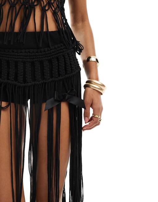 Black fringe beach skirt hotsell