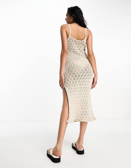 ASOS DESIGN knitted crochet midi dress in open stitch in stone