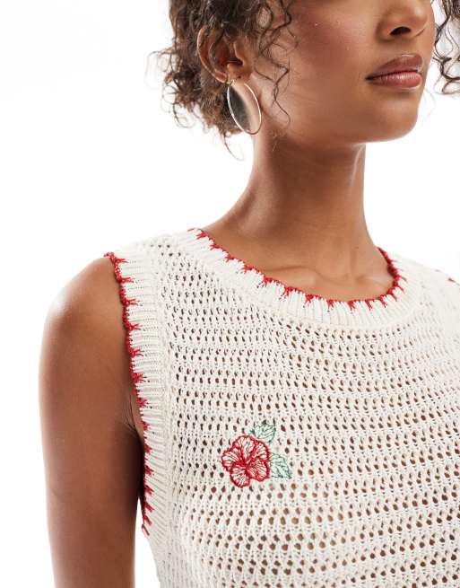 ASOS DESIGN knitted crochet mini dress with flower embroidery in ecru