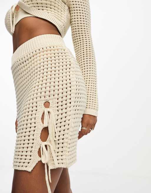 ASOS DESIGN knitted crochet mini skirt in cream part of a set