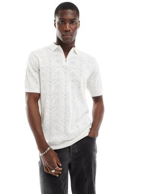 ASOS DESIGN knitted crochet notch neck polo in white