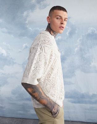 ASOS DESIGN knitted crochet polo shirt with notch neck in off white