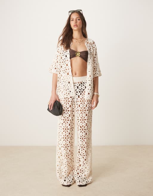 ASOS DESIGN knitted crochet patchwork wide leg pants in cream (part of a set)