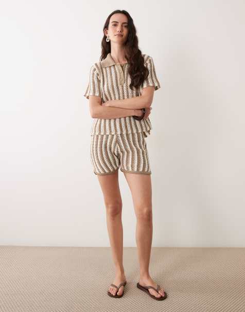 ASOS DESIGN knitted crochet polo top co-ord in brown stripe - MULTI - view 1
