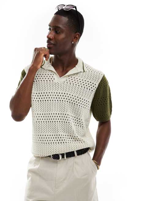  ASOS DESIGN knitted crochet polo with contrast sleeves in stone and khaki