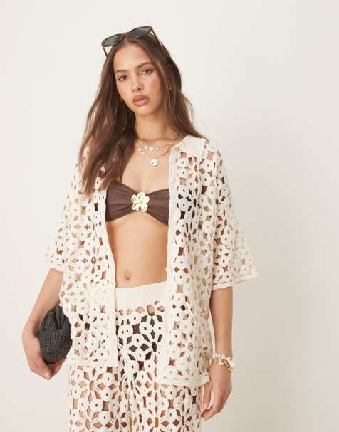 ASOS DESIGN knitted crochet shirt co-ord in cream