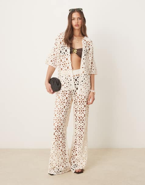 ASOS DESIGN knitted crochet shirt & wide leg trousers co-ord in cream - view 1