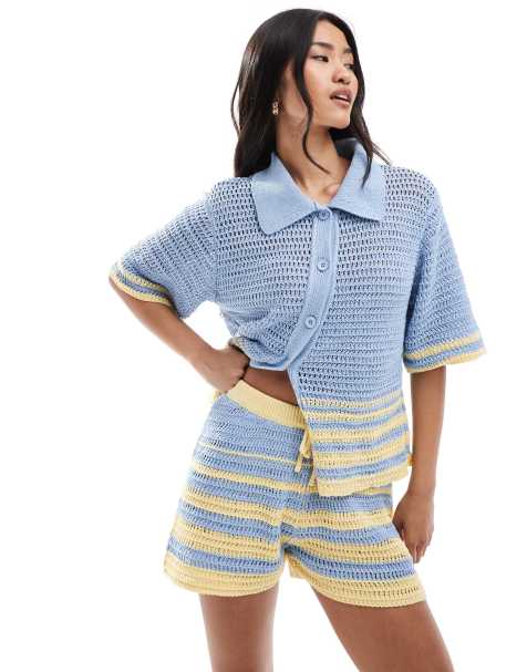 ASOS DESIGN knitted crochet short co-ord in blue and yellow stripe - view 1