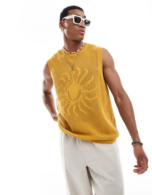 ASOS DESIGN knitted crochet singlet in yellow with sunshine texture
