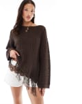 [ASOS DESIGN] ASOS DESIGN knitted crochet slouchy one shoulder fringe jumper in chocolate-Brown S Chocolate