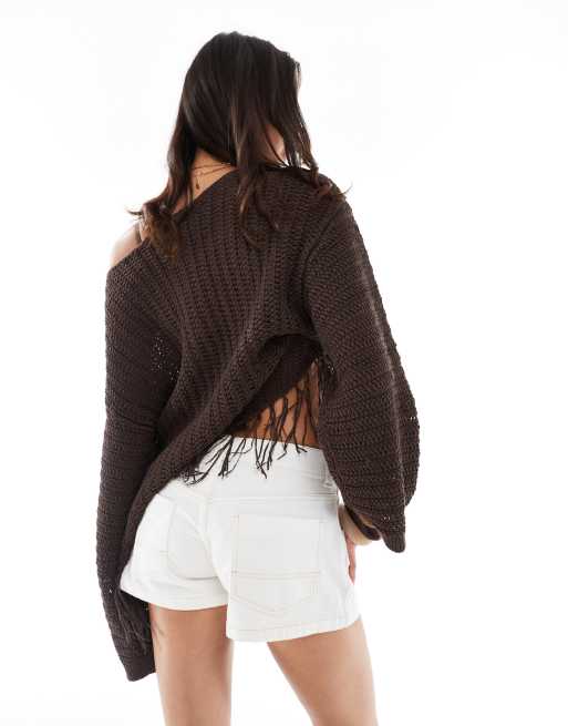 ASOS DESIGN knitted crochet slouchy one shoulder fringe jumper in chocolate, 4 of 4