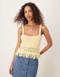 [ASOS DESIGN] ASOS DESIGN knitted crochet top with fringing in buttermilk yellow S Yellow