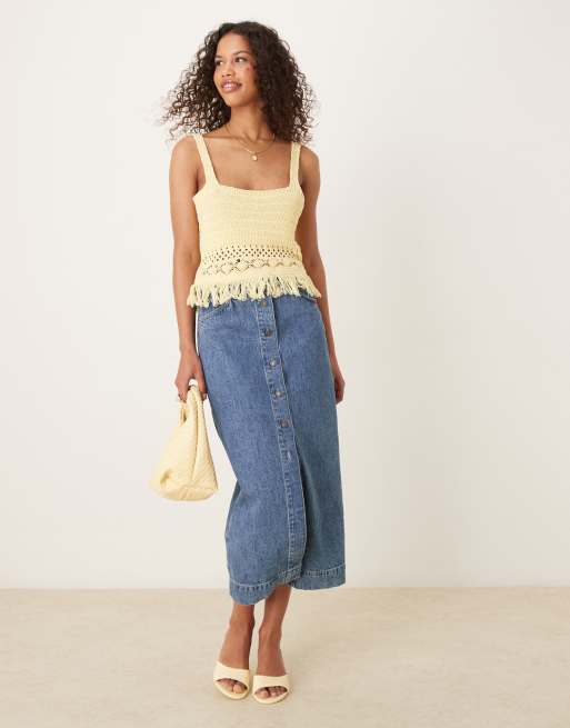 ASOS DESIGN knitted crochet top with fringing in buttermilk yellow, 3 of 4