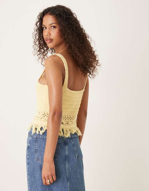 ASOS DESIGN knitted crochet top with fringing in buttermilk yellow, 4 of 4