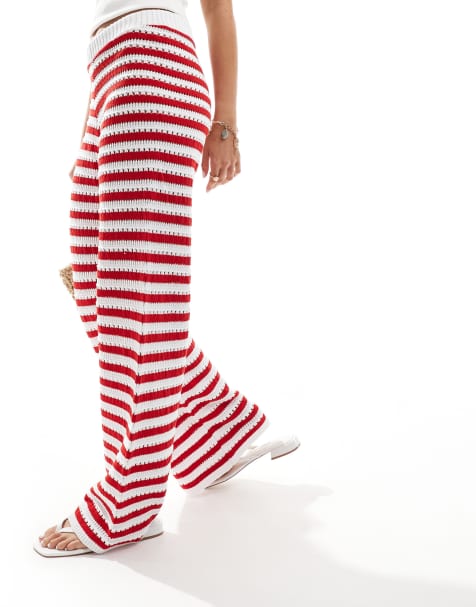 ASOS DESIGN knitted crochet trouser in red stripe - view 1