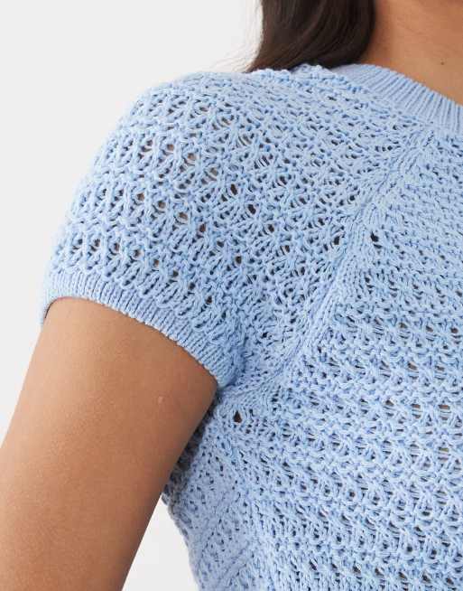 ASOS DESIGN knitted crochet ultra crop cardigan in blue, 3 of 4