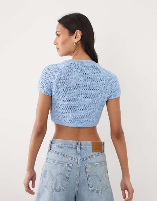 ASOS DESIGN knitted crochet ultra crop cardigan in blue, 4 of 4