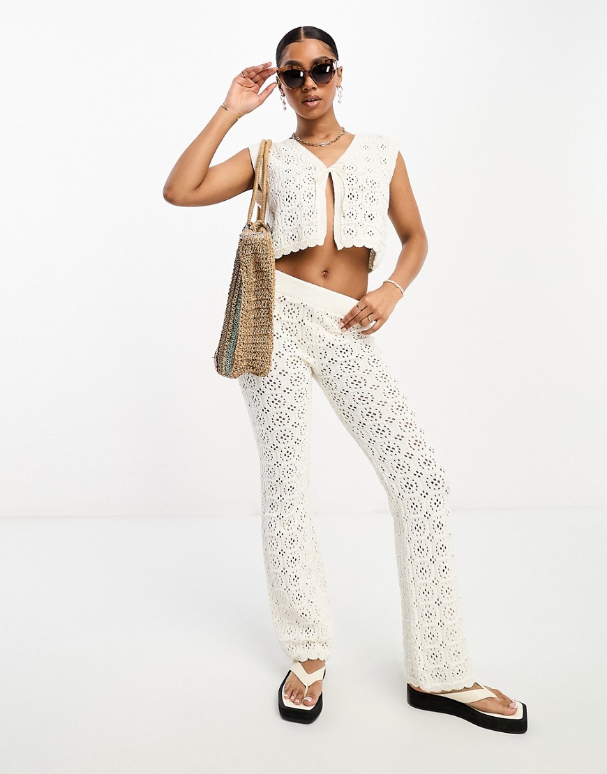 knitted crochet wide leg pants in cream - part of a set-White