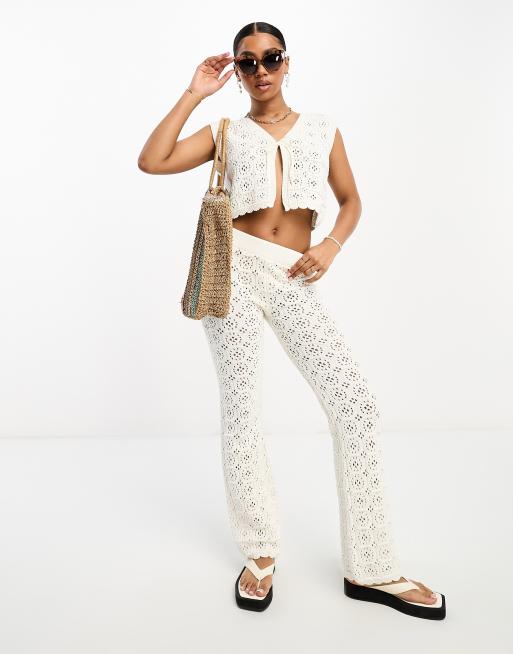 ASOS DESIGN knitted crochet wide leg pants in cream part of a set ASOS