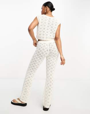 ASOS DESIGN knitted crochet wide leg pants in cream - part of a set