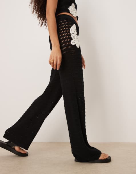 ASOS DESIGN knitted crochet wide leg pants with flower patch detail in mono (part of a set) - view 1