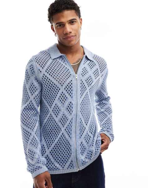 ASOS DESIGN knitted crochet zip through collared cardigan in blue - view 1